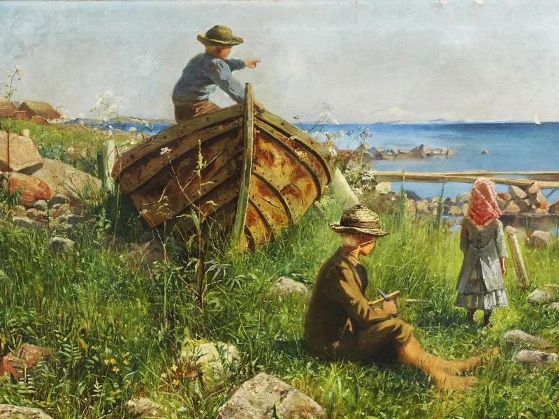 1864-Lotten Ronquist - Uno scenario di arcipelago con bambini, case e una barca a remi